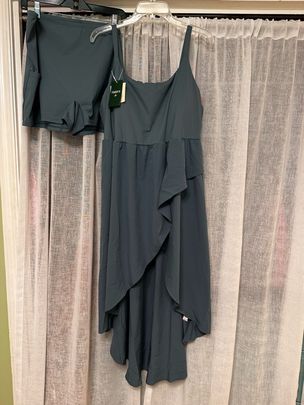 HALARA Slate-Blue High-Low Ruffle Slip Dress
